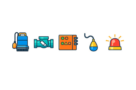 This illustration features five distinct icons for industrial plumbing: a blue submersible pump, a pipe fitting, an orange control box, a float sensor, and a red warning light.