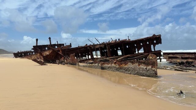 K&rsquo;gari &ndash; Fraser Island, Queensland, Australia. Three-quarter view of the SS Maheno wreck on 75 Mile Beach, a famous stop for visitors driving along the coast of the world&rsquo;s largest sand island.