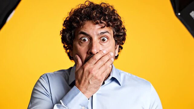 Shocked man covers mouth expressing surprise on yellow background