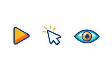Three colorful digital icons featuring a play button, a mouse cursor, and a human eye are displayed horizontally against a solid black background in a flat graphic style.