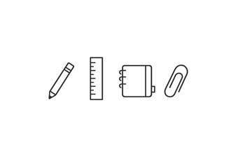 Obraz premium A minimalist set of four white line icons representing school and office supplies, including a pencil, ruler, spiral notebook, and paperclip, arranged on a solid black background.