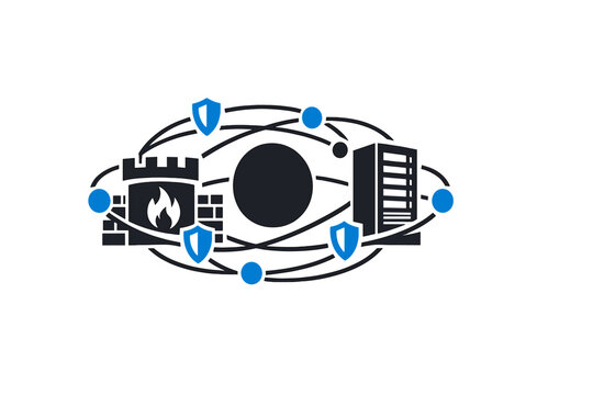 A flat vector illustration representing network security and data protection, featuring a firewall castle, server rack, and blue shield icons orbiting a central dark sphere.