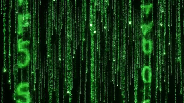 Abstract digital rain of green code descends on a black background