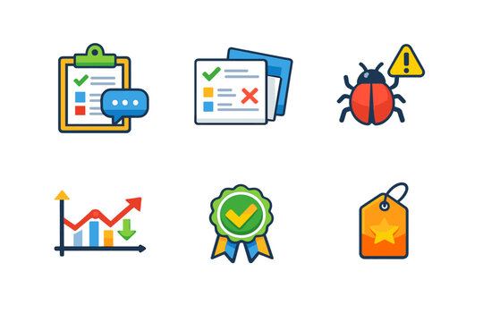 A collection of six colorful flat icons representing business processes, quality assurance, software bug reporting, data analysis, certification, and product tagging on a black background.