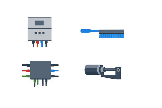 This set of four flat vector icons includes two electrical junction boxes with colored wiring, a blue cleaning brush, and a micrometer tool, all isolated on a black background.
