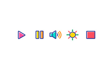Obraz premium A set of five colorful media control icons including play, pause, volume, brightness, and stop symbols arranged horizontally on a solid black background in a flat design style.