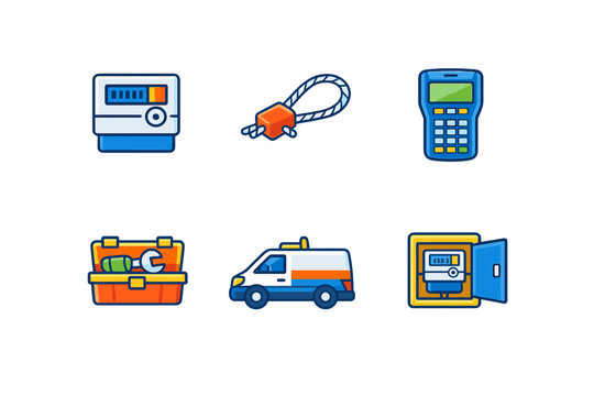 This collection of six flat vector icons features utility service elements like an electric meter, security seal, handheld reader, toolbox, service vehicle, and meter enclosure.