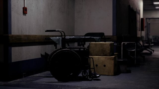 Lonely wheelchair amid abandoned medical hallway with scattered gear and muted panels, melancholic quiet, soft contrast highlights wear and timeworn surfaces.