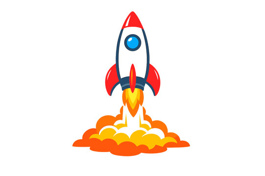 This flat vector illustration shows a white rocket ship with red accents blasting off, emitting bright orange flames and smoke clouds against a plain black backdrop.