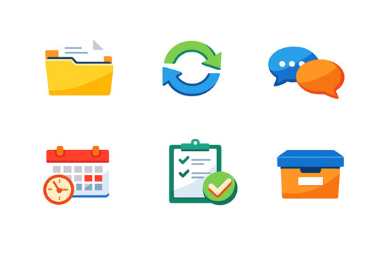 A set of six colorful 3D business and productivity icons including a folder, sync arrows, chat bubbles, a calendar with a clock, a checklist, and a storage box on a black background.