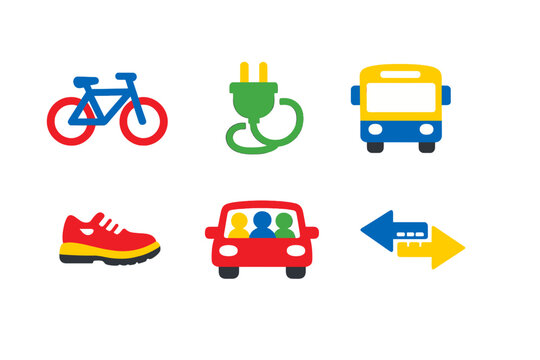 A collection of six colorful transportation and mobility icons including a bicycle, electric plug, bus, sneaker, carpool vehicle, and directional arrows on a black background.