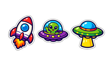 A set of three colorful cartoon stickers featuring a rocket ship blasting off, a friendly green alien waving from a purple UFO, and a green flying saucer with a yellow light beam. © Mark