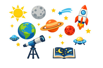 Colorful cartoon illustration set featuring space elements like planets, a rocket ship, a telescope, and stars on a black background. Includes Earth, Saturn, Mars, the moon, and UFOs. © Alan