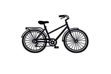 Fototapeta premium A dark silhouette of a classic city bicycle featuring a rear rack, fenders, and handlebars, presented as a minimalist graphic illustration against a solid black background.