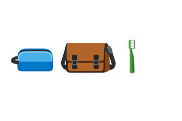 This illustration features a blue travel pouch, a brown leather-style messenger bag, and a green toothbrush arranged horizontally on a black backdrop. Ideal for travel themes. © Alan