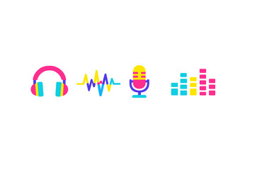 Obraz premium A set of four colorful audio icons including headphones, a sound wave, a microphone, and an equalizer display, all featuring a vibrant pink, yellow, and blue color palette on a black background.