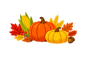 A vibrant autumn harvest illustration featuring orange and yellow pumpkins, an ear of corn, wheat stalks, colorful fall leaves, red berries, and an acorn on a black background. © Mark
