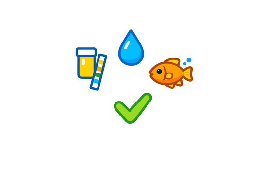 A collection of icons representing aquarium water quality testing including a goldfish, a water drop, a test tube with a pH strip, and a green checkmark on a black background.