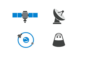 A collection of four space-themed icons featuring a satellite with blue panels, a parabolic antenna dish, a smiling planet with an orbiting rocket, and a space capsule on a white background. © Andrei