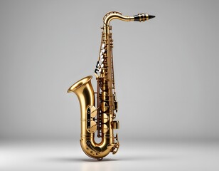 Golden saxophone musical instrument with keys and mouthpiece against plain backdrop