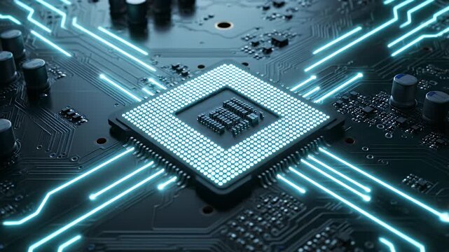 A circuit board with a central processor and glowing blue data paths, a tech close-up