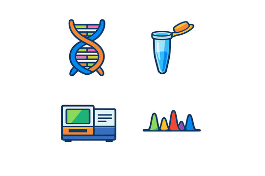 A set of four colorful vector icons representing biotechnology and genetics, including a DNA double helix, a microcentrifuge tube, a laboratory sequencer, and a sequencing chromatogram.