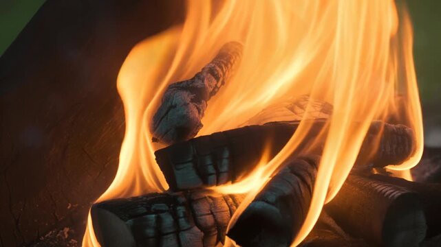 Burning Firewood with Bright Flames, Close Up of Campfire or Fireplace Heat and Energy
