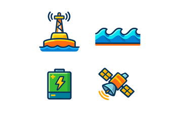 Fototapeta premium A set of four flat vector icons featuring a marine buoy with a transmitter, ocean waves, a green battery with a lightning bolt, and a satellite against a black background.