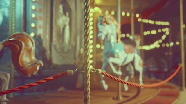 Dreamy carousel horses glow under warm bokeh lights, vintage paint chips, ornate brass pole reflections, soft motion blur, empty fairground evening, nostalgic