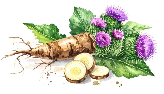 Watercolor painting of burdock root, slices, leaves, and purple flowers on white background