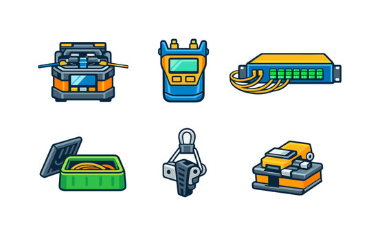 This set of six colorful icons features various fiber optic tools and networking hardware like fusion splicers and patch panels, illustrated in a bold flat style on a black backdrop.