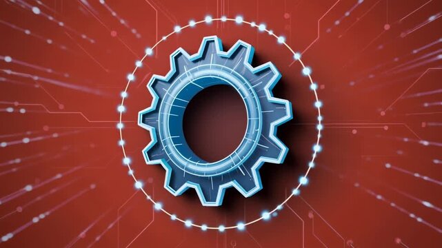 Futuristic Gear with Digital Network Connections on Red Background, Industry Technology and Automation Concept
