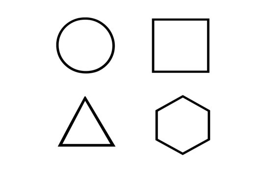 A collection of four basic geometric shapes including a circle, square, triangle, and hexagon, presented as white outlines against a solid black background in a minimalist style.