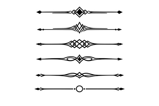 Six black horizontal page dividers with symmetrical geometric designs and ornamental line art elements are displayed in a vertical column on a solid white background.
