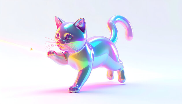 Holographic cat playing with laser pointer; iridescent pet; modern style; kitten fun