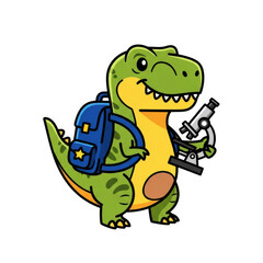 Obraz premium Cute dinosaur with backpack and microscope, science education concept isolated on transparent background
