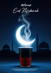 Eid Mubarak celebration with glowing crescent moon and steaming cup