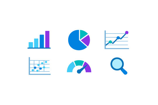 A collection of six data visualization icons including a bar chart, pie chart, line graph, scatter plot, gauge, and magnifying glass in blue and purple tones on a black background.