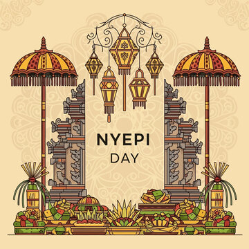 Balinese Nyepi Day Celebration: Traditional Gate, Offerings, and Lanterns