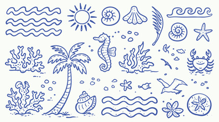 Hand drawn ocean doodle set with palm tree, seahorse, shells, starfish, waves, coral, crab, and sea life elements. Sketch style marine illustration for beach themes, summer design, travel graphics, an © Rahidul