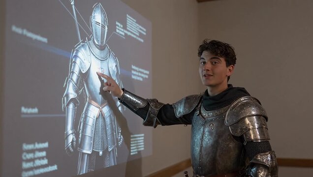 Young Male in Armor Interacting with Projected Knight Display