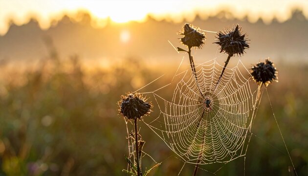 Firefly Laba-laba constructs intricate web on dewy thistles at sunrise
