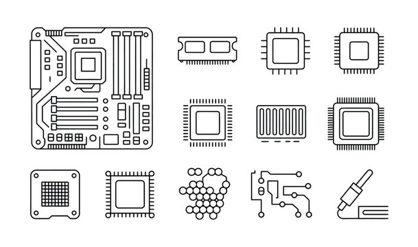 Computer hardware icons including motherboard, CPU, RAM, and circuit board elements.