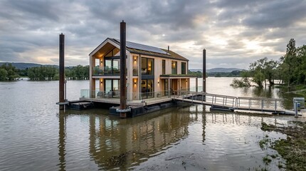 Obraz premium Amphibious Flood Resistant House Floating on Water