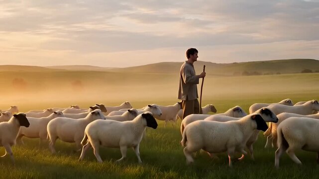 Shepherd guiding flock through serene Israeli landscape in cinematic slow motion