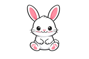 Obraz premium A cute cartoon illustration of a black and white bunny sitting against a dark background. The rabbit has large pink ears, a small pink nose, and pink paw pads on its feet.