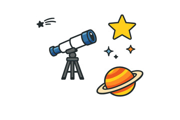 This flat vector illustration depicts a telescope, a yellow star, and a ringed planet like Saturn on a black background, representing astronomy and outer space exploration themes. © icon_art