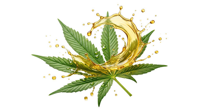 Vibrant green cannabis leaf with a dynamic golden oil splash, symbolizing natural CBD or hemp extract for health and wellness products. isolated PNG with Transparent Background