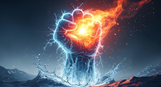 Power of nature with fist of fire and water splash. Strength and elemental energy concept. Powerful hand rising from ocean waves with burning flames