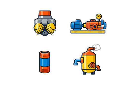 Four stylized industrial icons representing oil and gas equipment including a tricone drill bit, a motor pump, a pipe joint, and a processing tank on a solid black background.